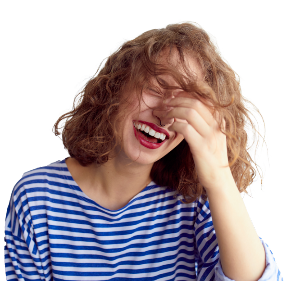 Girl laughing blue top
